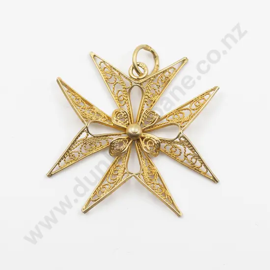 22ct Yellow Gold Filigree Maltese Cross Pendant