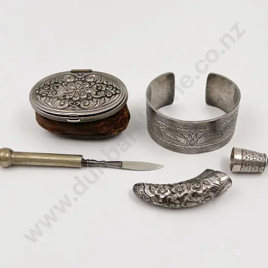 S/S Wrist Cuff and Vintage Chain Purse Together With Thimble and Parasol Handle