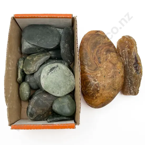 Two Pieces of Kauri Gum with Assorted Greenstone Pebbles