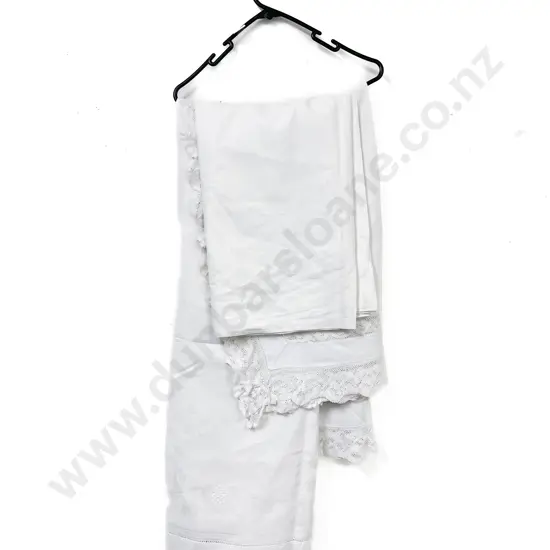 Damask Linen Tablecloth and Other Together With Sideboard Cloth (Some Staining)