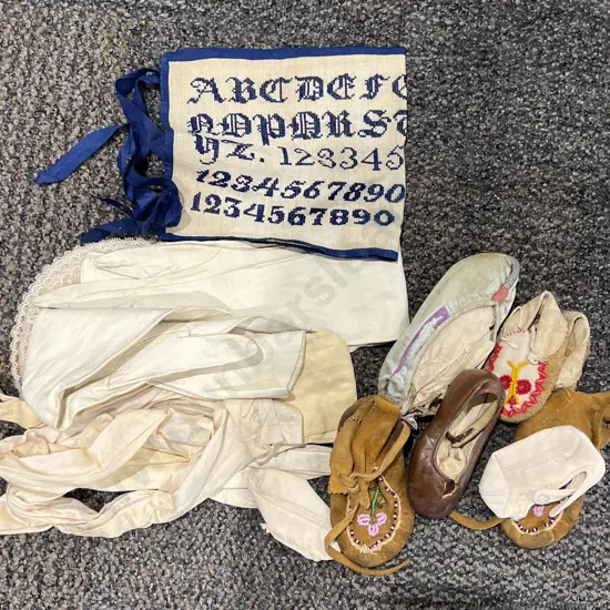 Handmade Lace and Painted Doilies with Small Sampler Together With Leather Gloves and Vintage Shoes