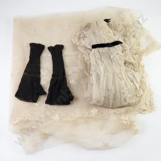Victorian Hand Made Lace & Net Bonnet With Wedding Veil and Gloves