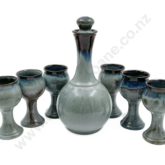 Glaze Pottery Decanter With Six Matching Goblets