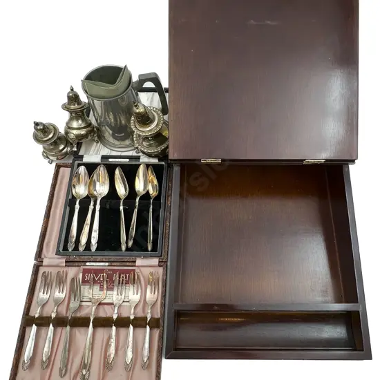 Writing Slope Together With Assorted Cutlery and Plated Ware
