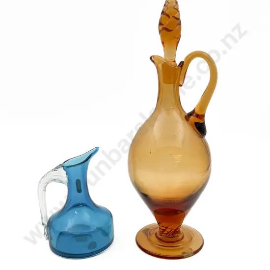 Whitefriars Blue Glass Jug Together With Amber Glass Decanter