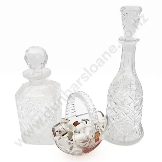 Two Decanters Together With Pressed Glass Basket and Assorted Thimbles