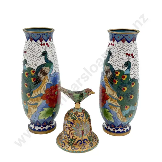 Pair of Small Cloisonné Vases Together With Cloisonné Bell