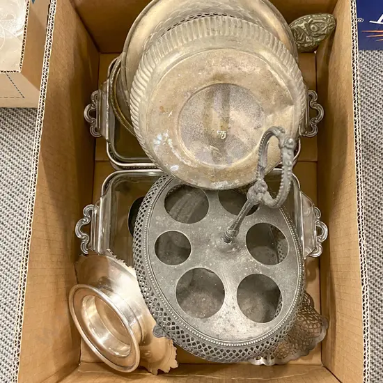 Box of Assorted Metal Ware Including Brass Planter with Serving Dishes and Vanity Items