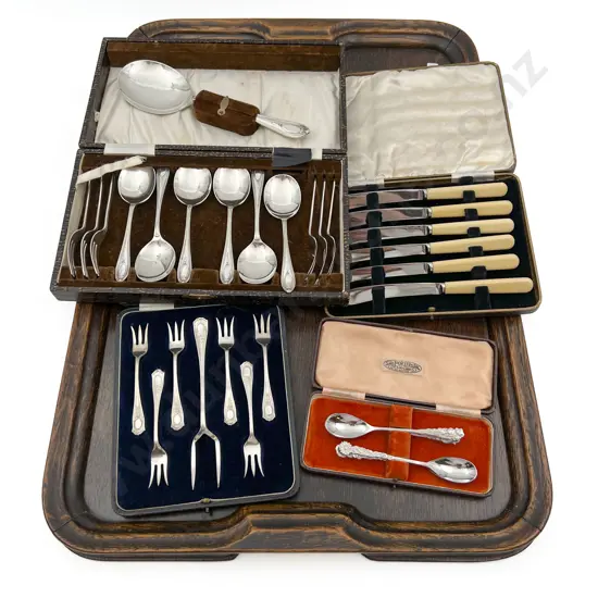 Four Boxed Sets of S/P Cutlery Together With Wooden Tray
