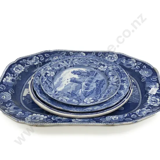 Victorian Blue & White Ashet Together With Three Blue & White Plates (Faults)