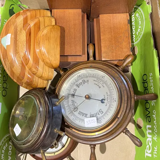 Box of Assorted Barometers and Bookends