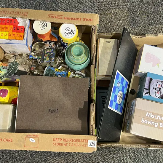 Two Boxes of Assorted Incl. Crockery with Games and Ornaments Etc.