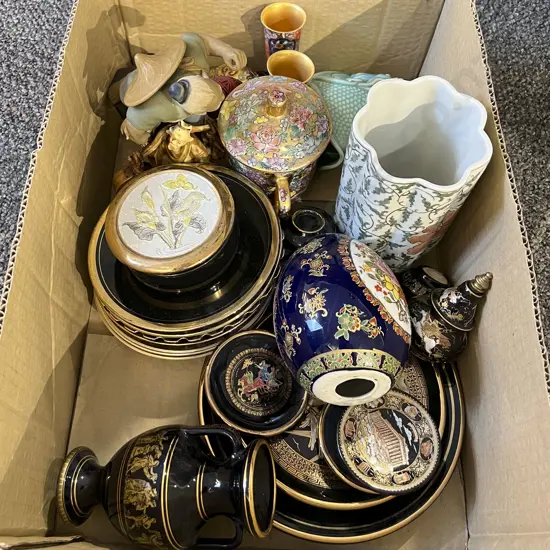 Box of Assorted China and Ornaments