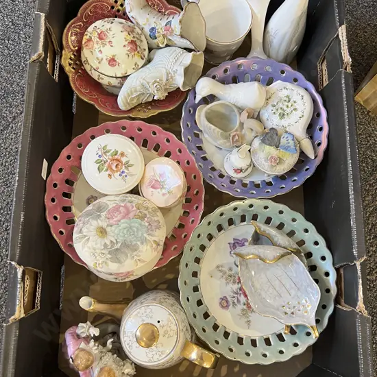 Box of Assorted Fancy China Comports with Floral Ornaments and Trinket Boxes Etc.