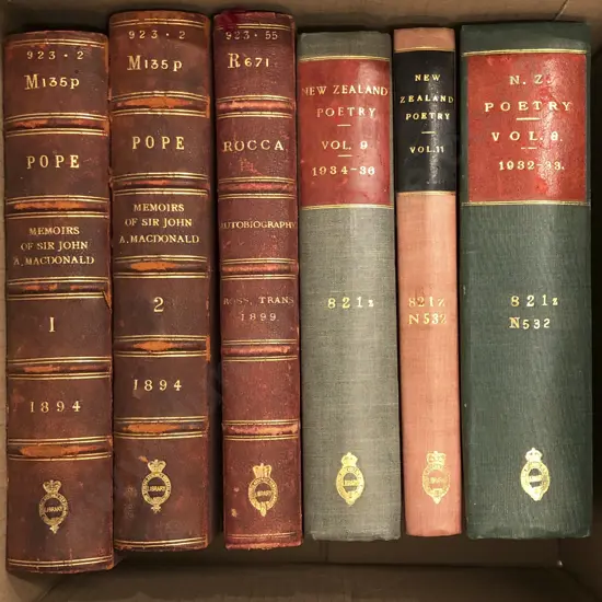 Box of NZ Poetry and Three Victorian Leather Bound Books