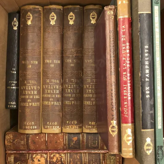 Box of Antique Books Incl. Life and Times of Henry Grattan Etc. (Ex Libris)