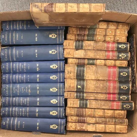 Large Box of Antique Leather Bound Thomas Carlyle Volumes (Ex Libris)