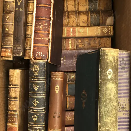 Box of Antique Leather Bound and Other Volumes (ex libris)