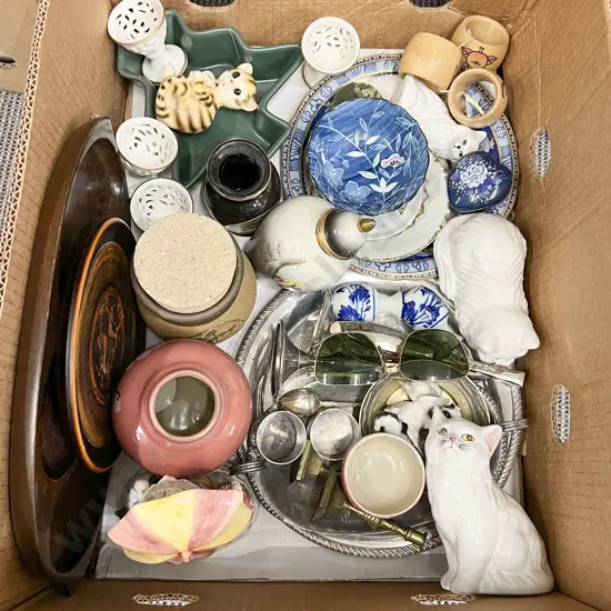 Box of Assorted China with Pottery and Ornaments