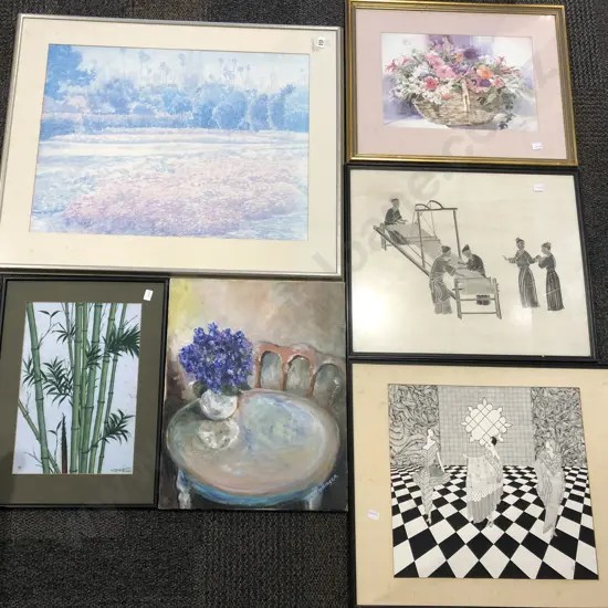 Five Framed Prints and Originals Together With Canvas Work (6)
