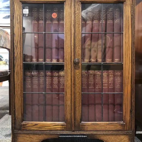 Edwardian Oak Leadlight Book Case Filled With the Encyclopedia Britannica