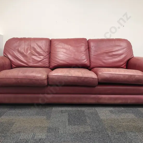 Red Leather Three Seater Roll Arm Sofa