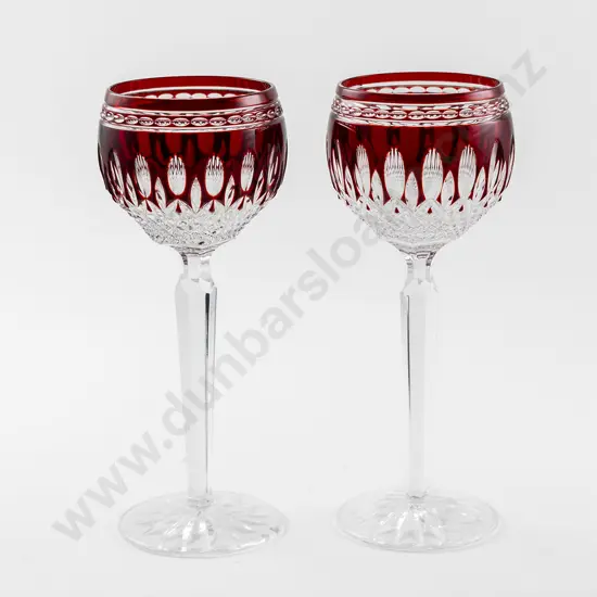 Pair Bohemian Ruby Flash Cut WIne Goblets