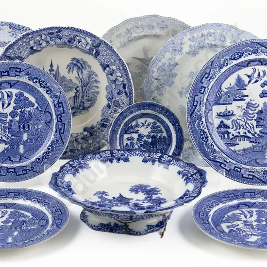 Ten Vict Blue & White Transfer Printed Plates & Comport