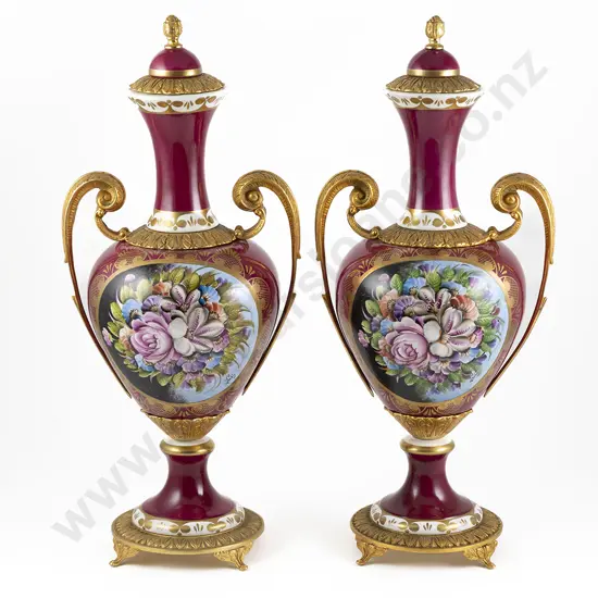 Pair Of Sevres Style Porcelain & Ormolu Mantel Vases 45cm height