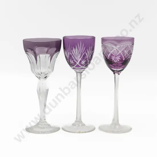Three Amethyst Flashed Crystal Hock Glasses