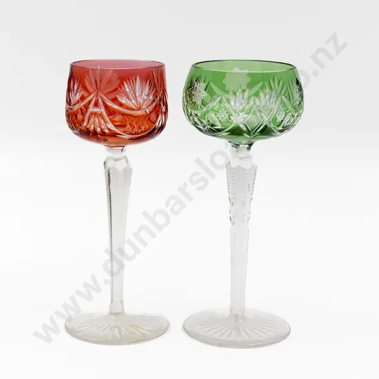 Green Flashed & Ruby Flashed Crystal Hock Glasses