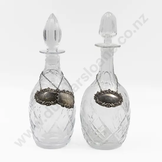 Two Crystal Mallet Shaped Decanters
