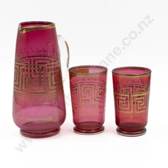Vict Cranberry Glass Water Jug & Two Beakers