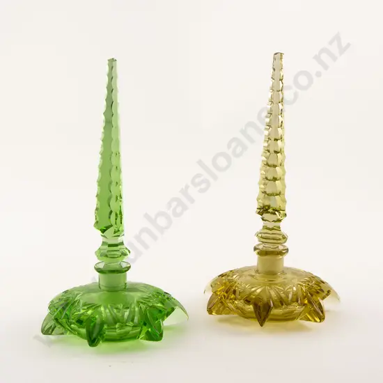Pair Art Deco Green and Yellow Glass Scent Bottles