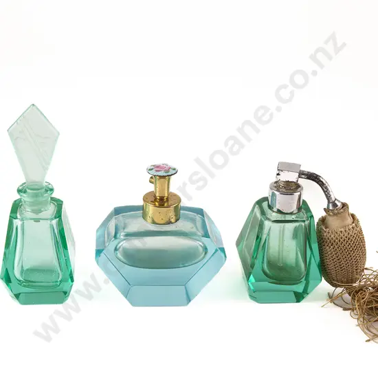 Pair Art Deco Czech Green Glass Scent and Atomiser Bottles