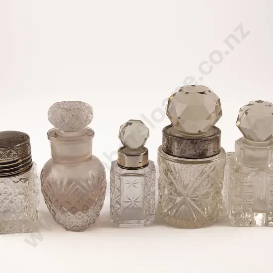Five Victorian Clear Glass Salts Bottles