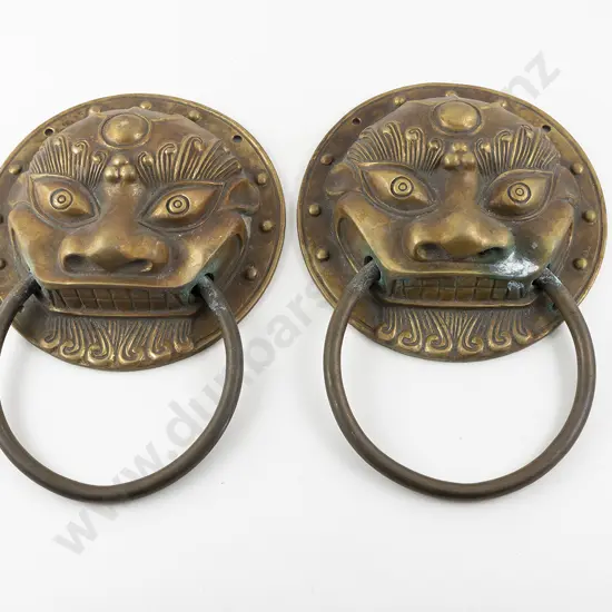 Pair Large Chinese Brass Mythical Lion Mask Door Knockers