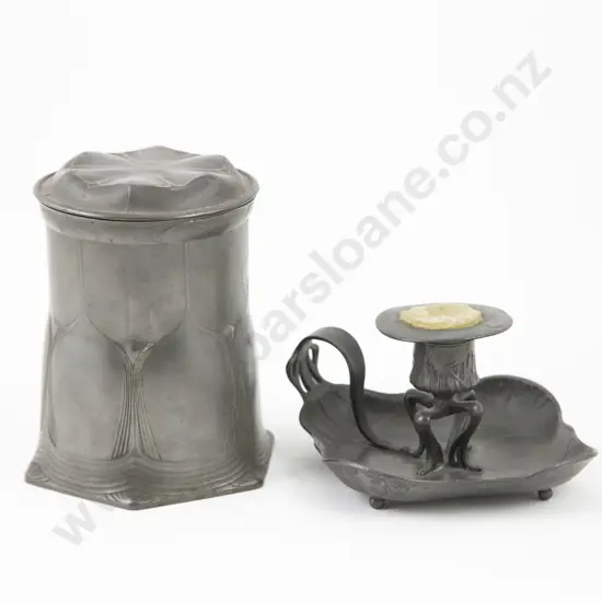 Orivit Art Nouveau Pewter Tea Caddy & Candlestick