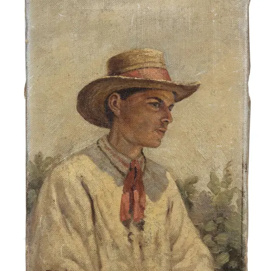 P W Jawtuschenko - Portrait Of A Man With A Straw Hat