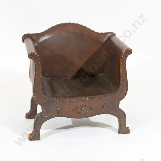 English Arts & Crafts Oak Leather Covered Childs Tub Chair