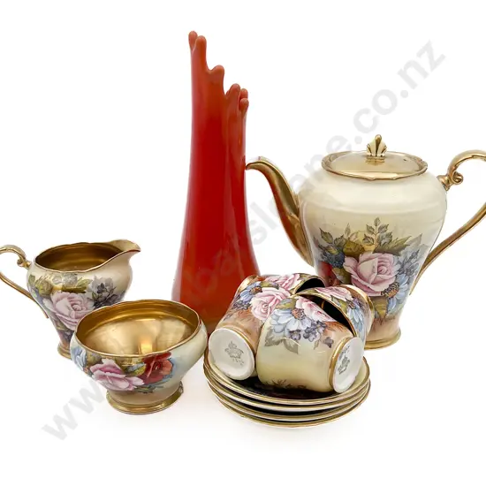 Aynsley Floral Decorated Coffee Set Together with Art Glass Vase