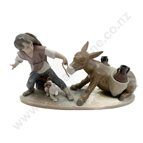Lladro Figure Group of Boy Pulling Donkey