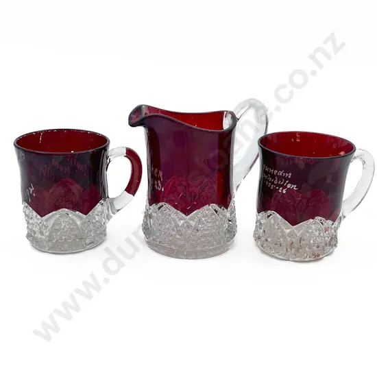 Two Ruby Flashed Glass Cups Together with Matching Jug
