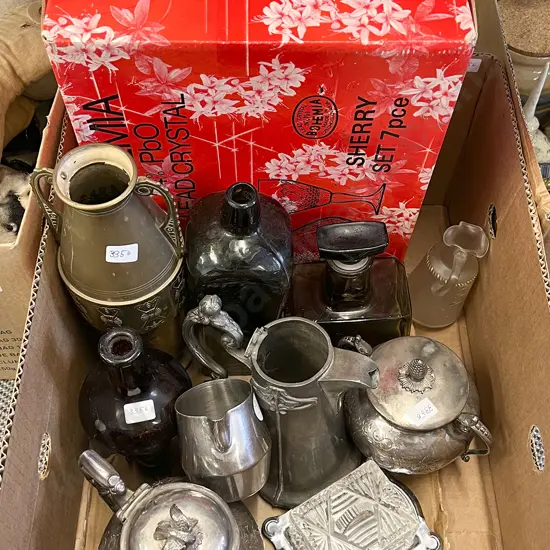 Box of Assorted Including Silver Plate with Glass Bottles Etc