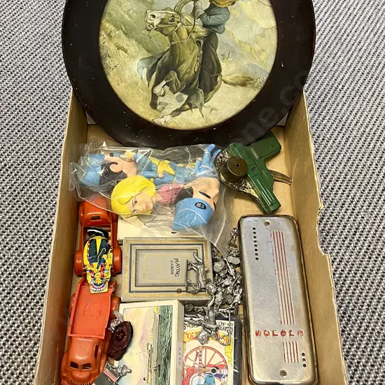 Box of Assorted Vintage Toys and Playing Cards Etc