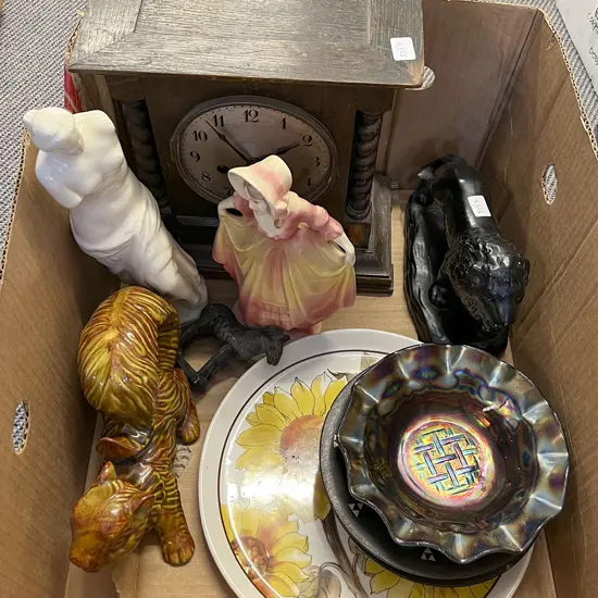 Box of Assorted Including Figures with Ornament and Vintage Mantle Clock