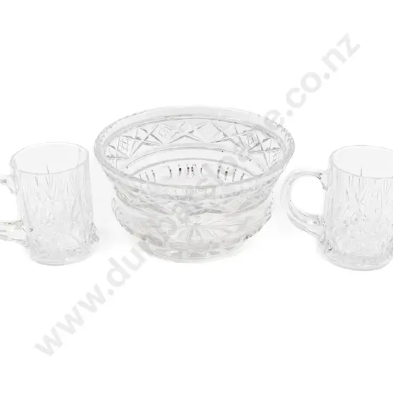 Crystal Fruit Bowl Together with Pair of Glass Tankards