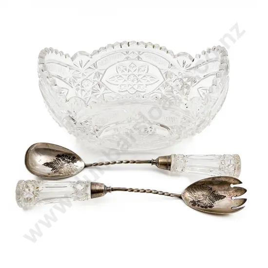 Pressed Glass Fruit Bowl Together with Pair of Salad Servers