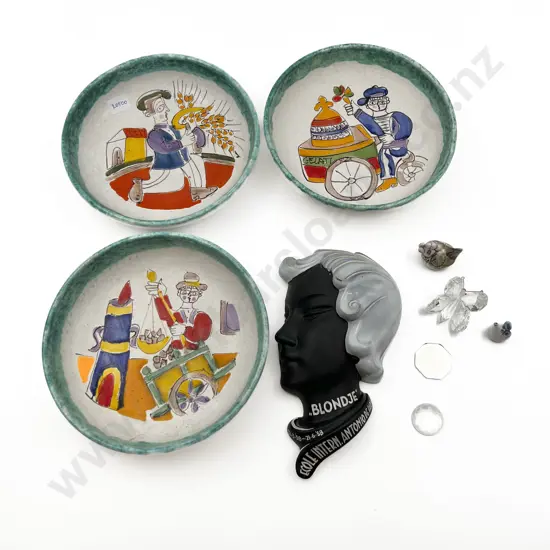 Three Hand Painted Pottery Bowls Together with Half Bust and Assorted Ornaments