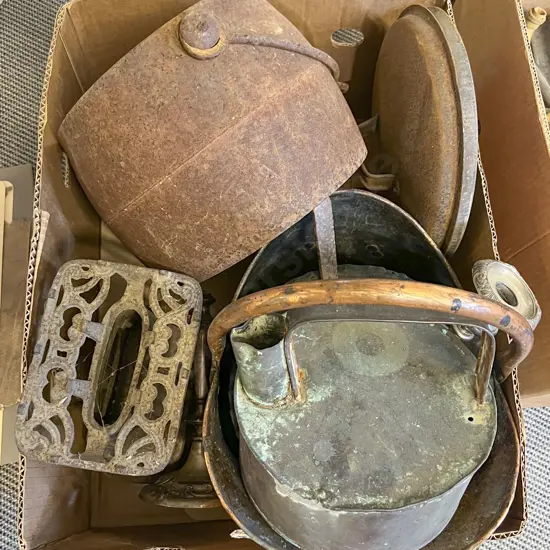Box of Assorted Vintage Metal Ware Including Copper Coal Bucket Etc